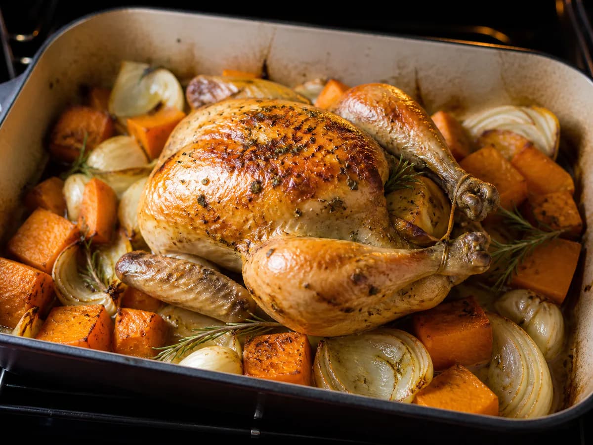 Preparação de Frango do Campo Assado no Forno com Abóbora e Ervas Aromáticas durante a confeção