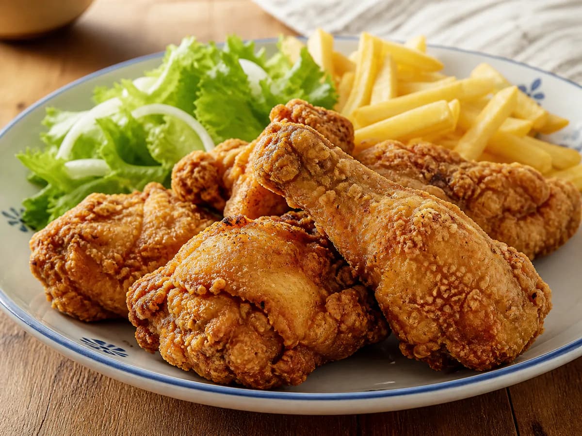 Pormenor de uma porção de Frango Frito à Portuguesa