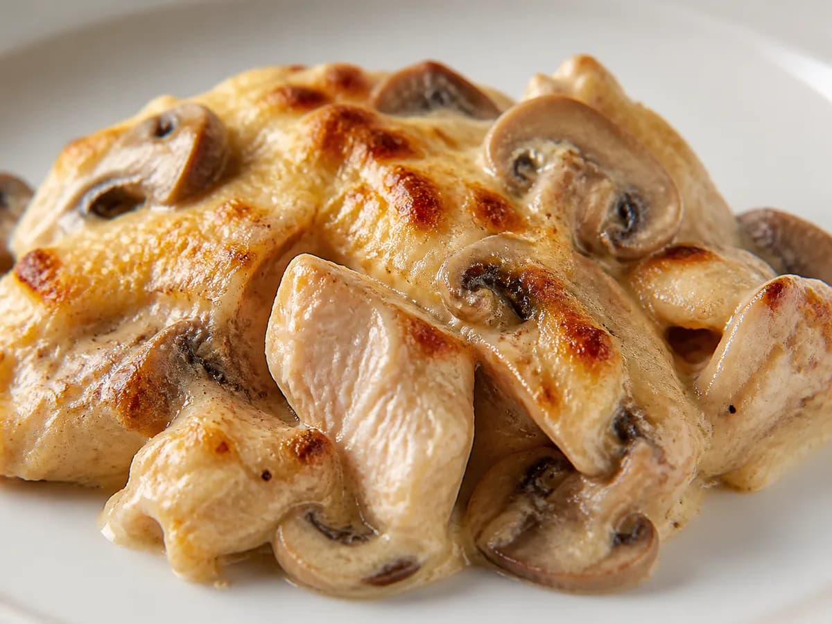 Pormenor de uma porção de Frango Gratinado com Cogumelos