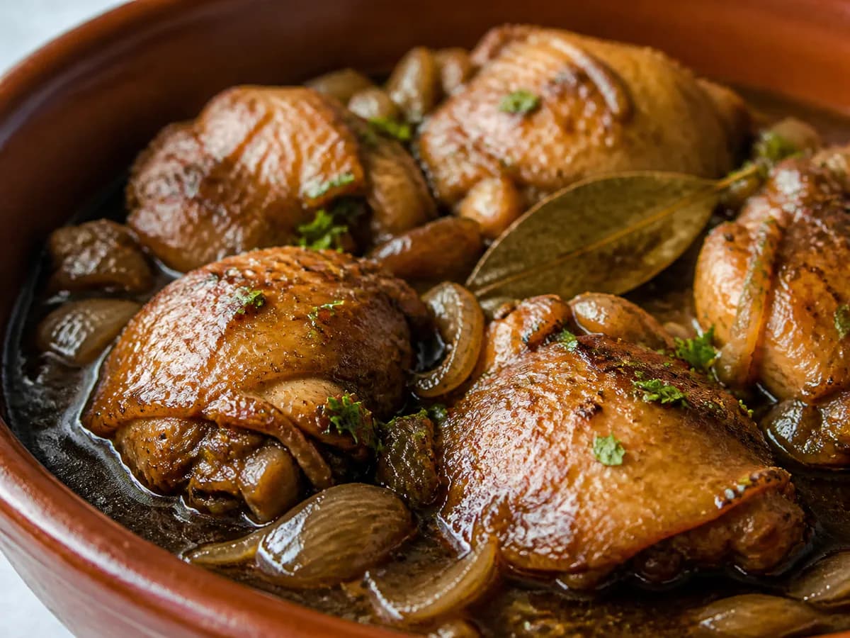 Pormenor de uma porção de Frango na Púcara com Cerveja Preta