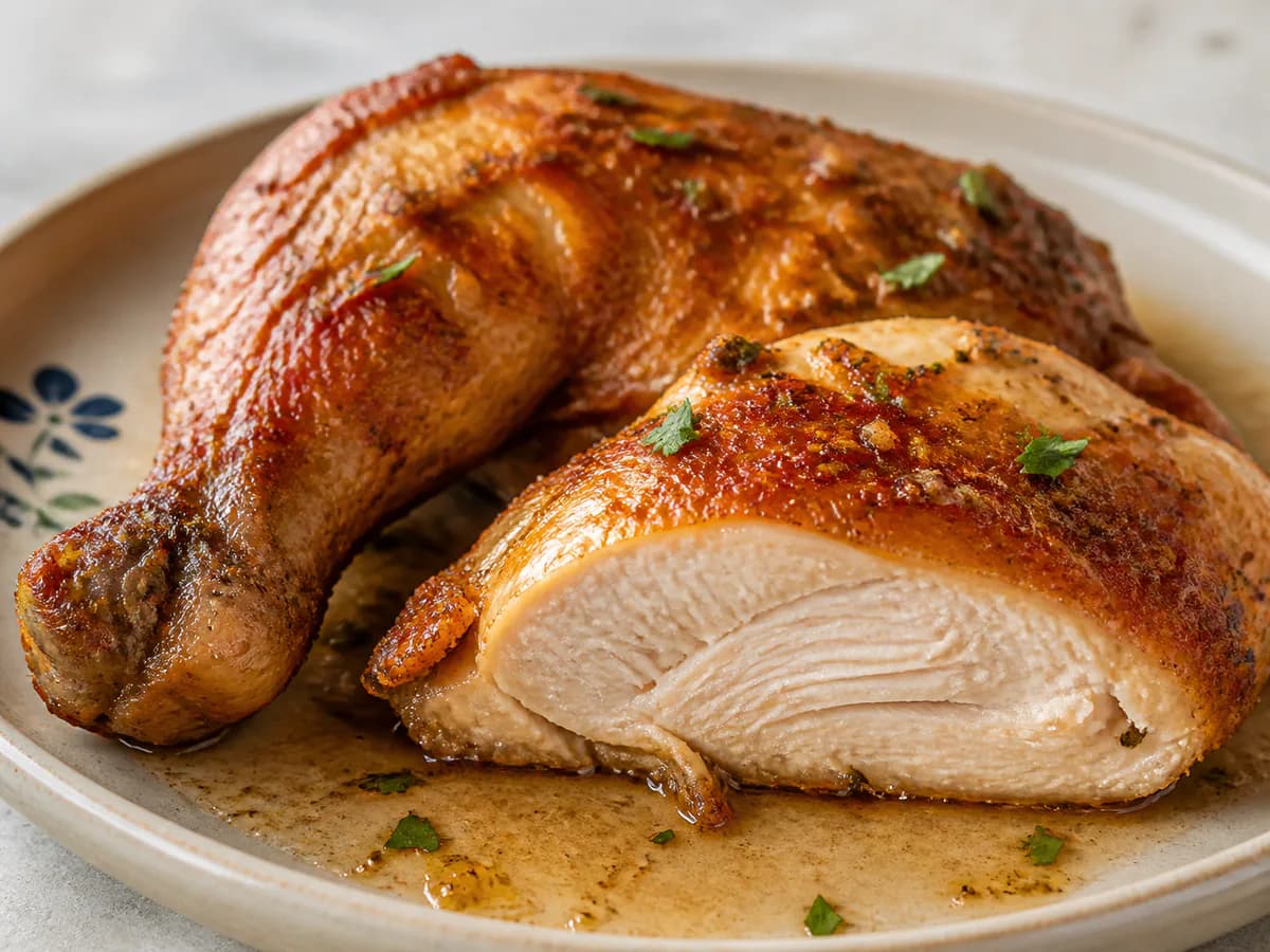 Pormenor de uma porção de Frango no Forno com Cachaça e Limão