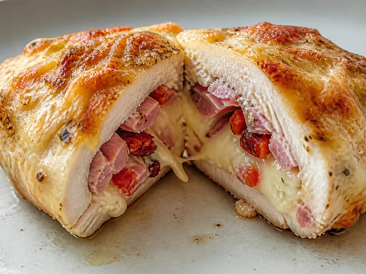 Pormenor de uma porção de Frango Recheado com Queijo, Fiambre e Chouriço