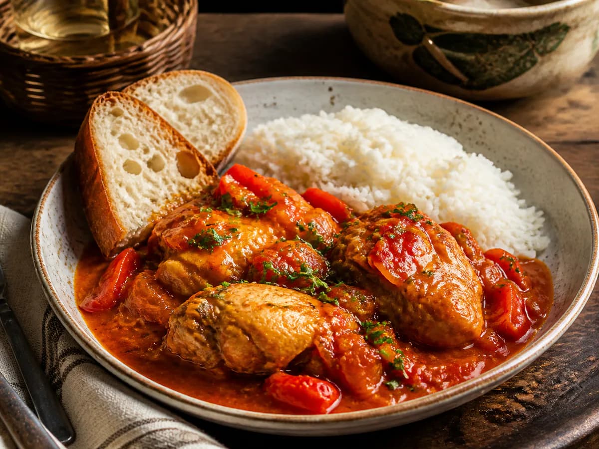 Pormenor de uma porção de Galinha Guisada Fácil