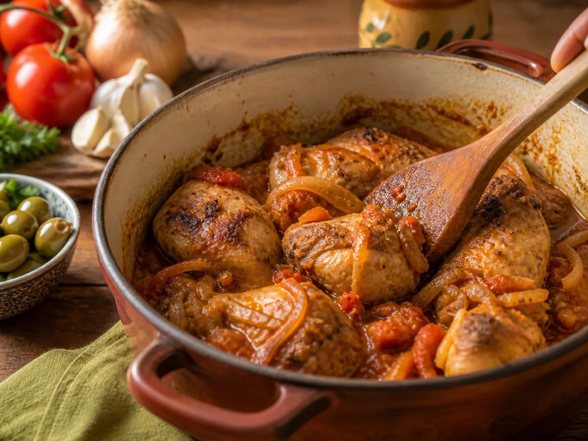 Preparação de Galinha Guisada Fácil durante a confeção