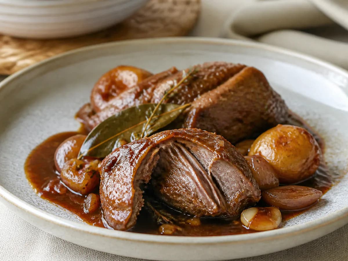 Pormenor de uma porção de Galo do Campo Estufado em Vinho Tinto
