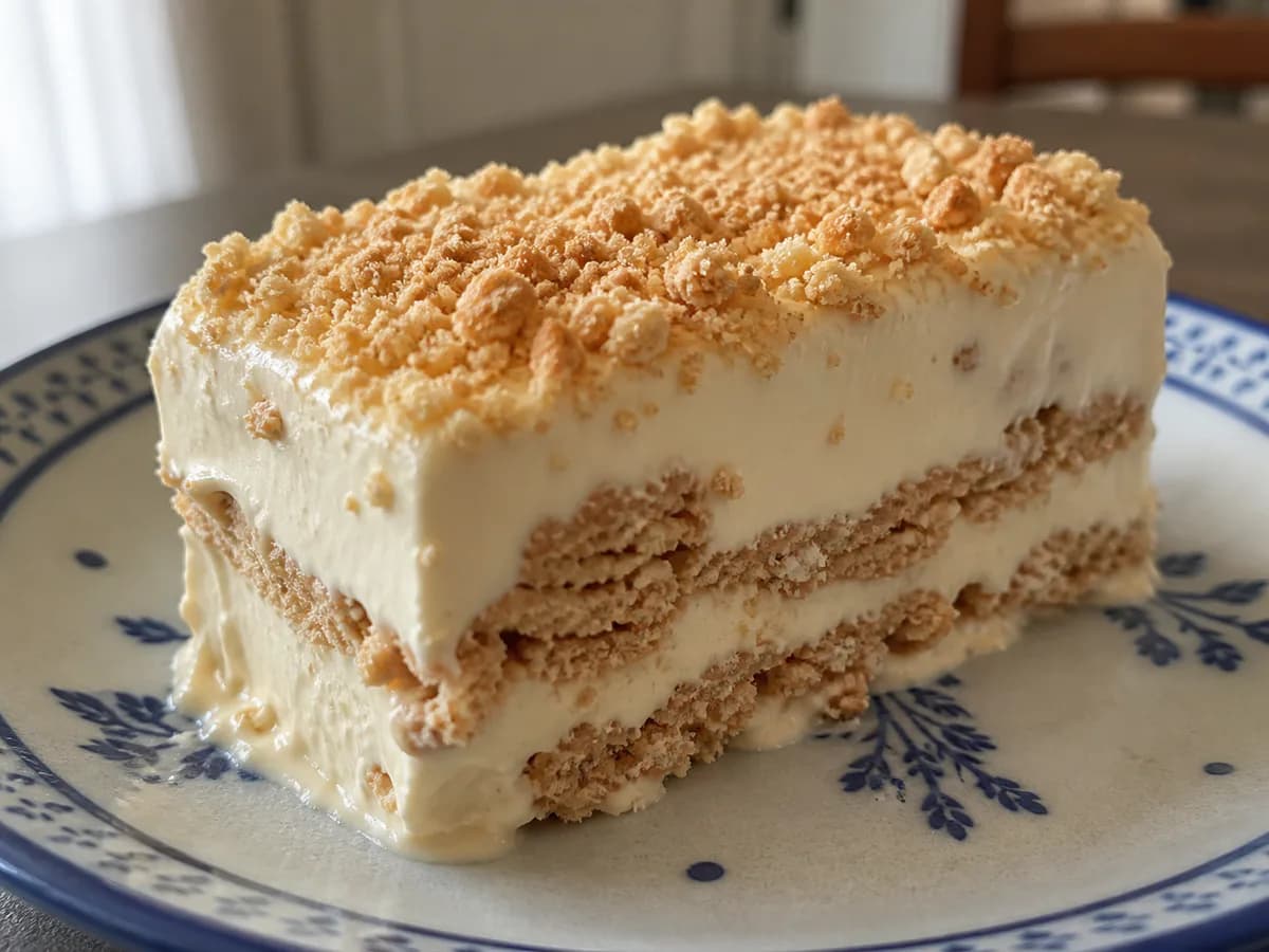 Pormenor de uma porção de Gelado de Natas com Bolacha Maria