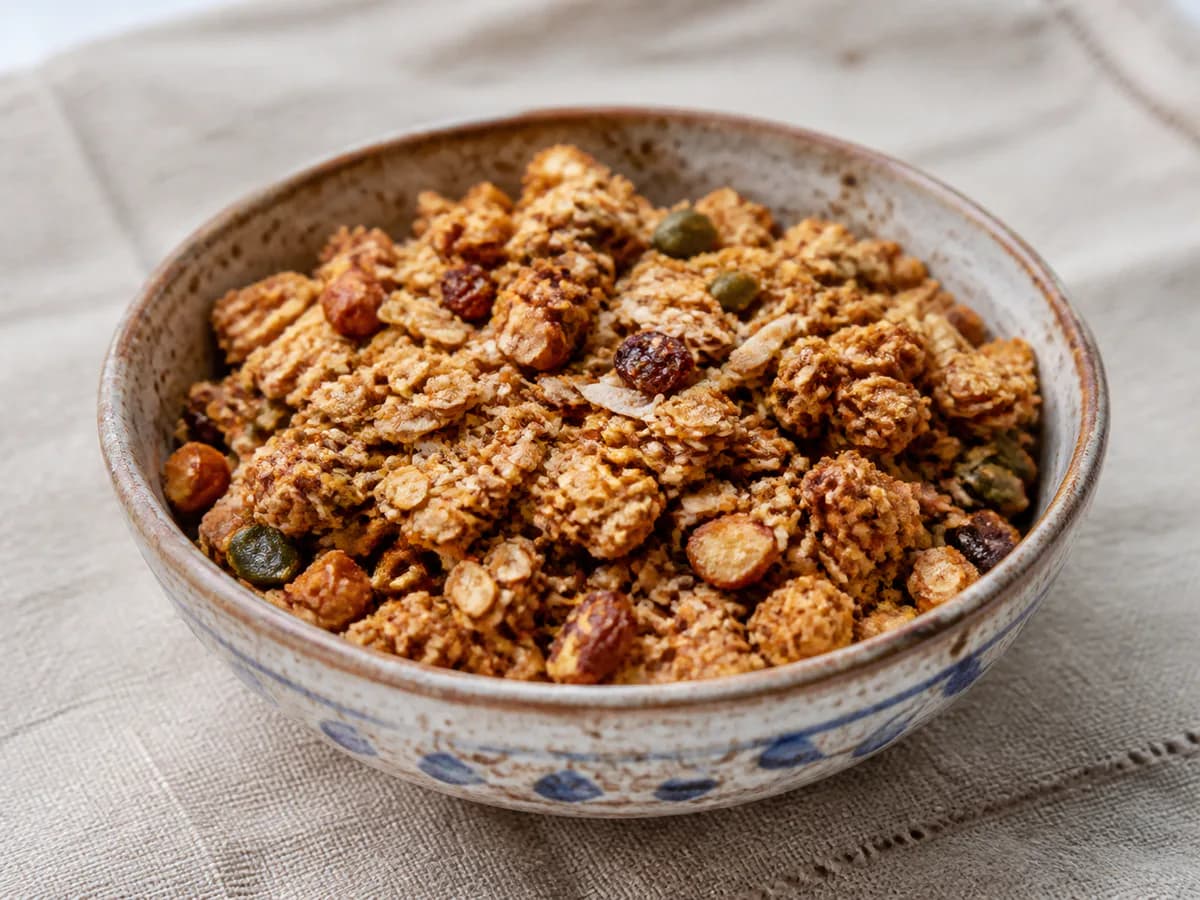 Pormenor de uma porção de Granola Caseira Crocante e Saudável