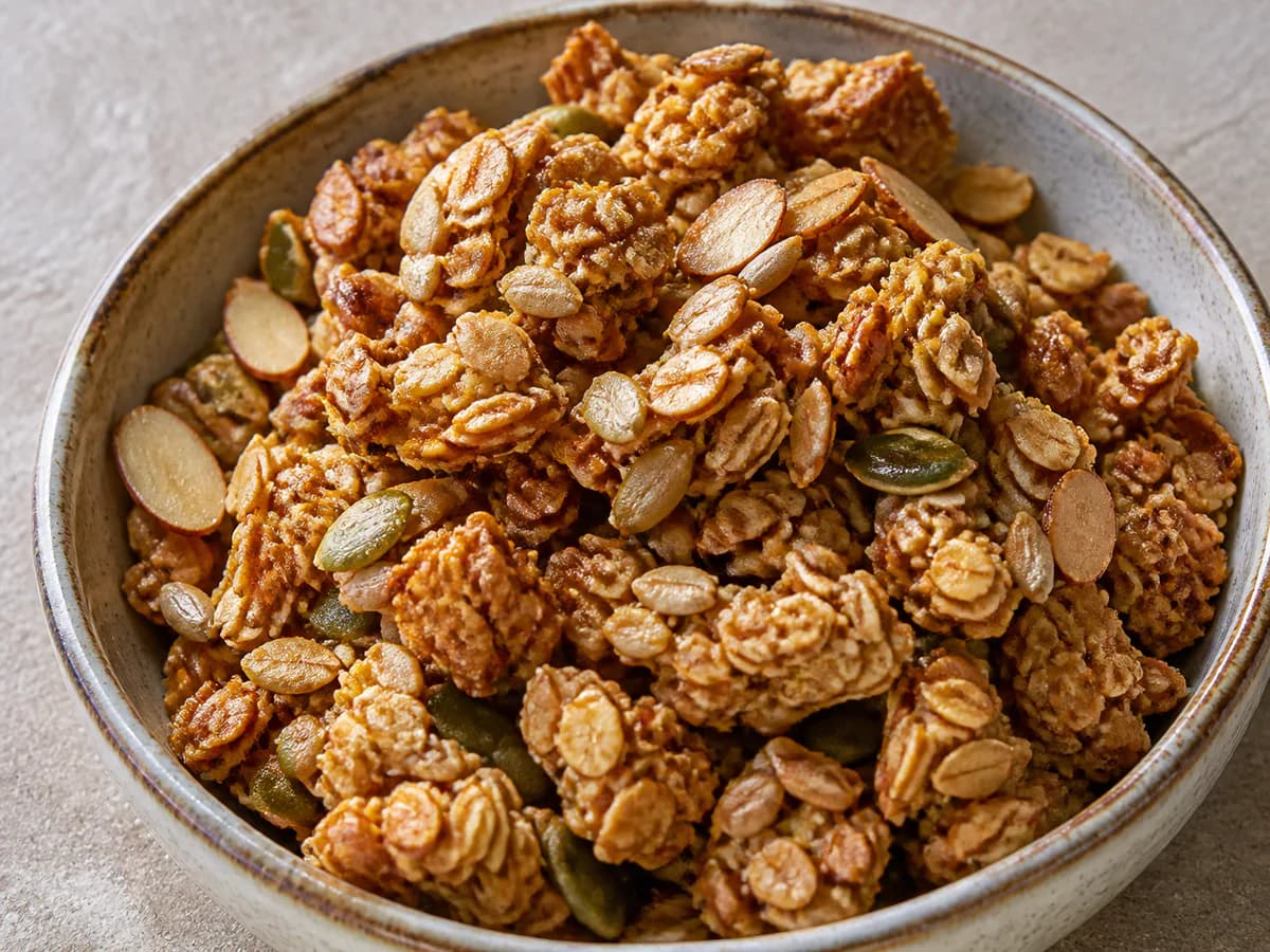 Pormenor de uma porção de Granola Caseira de Mel e Amêndoas