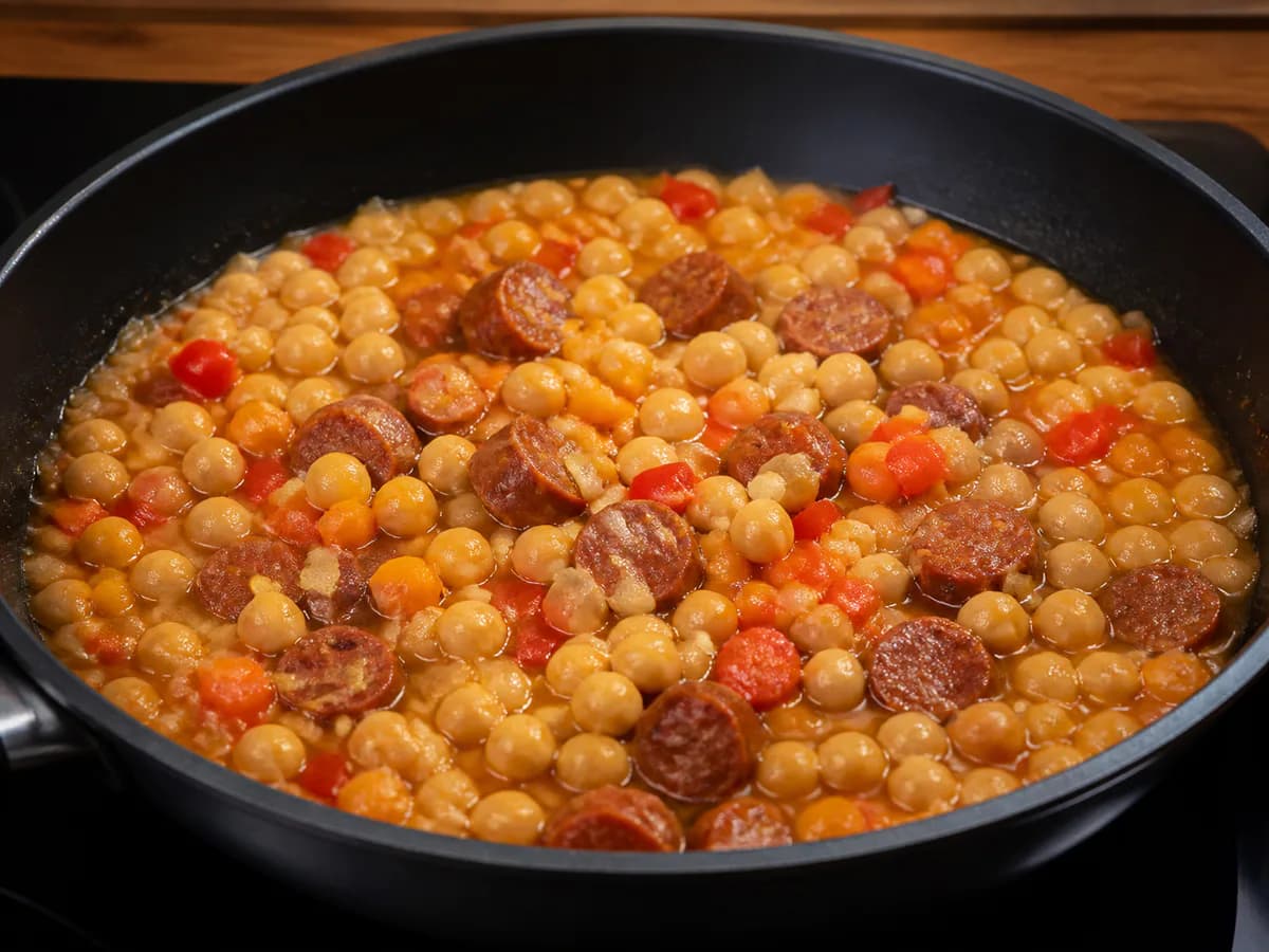 Preparação de Grão-de-Bico com Chouriço, Pimento e Cenoura durante a confeção