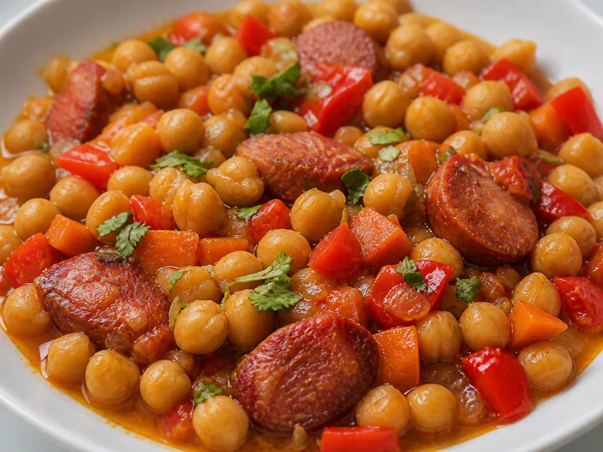 Pormenor de uma porção de Grão-de-Bico com Chouriço, Pimento e Cenoura