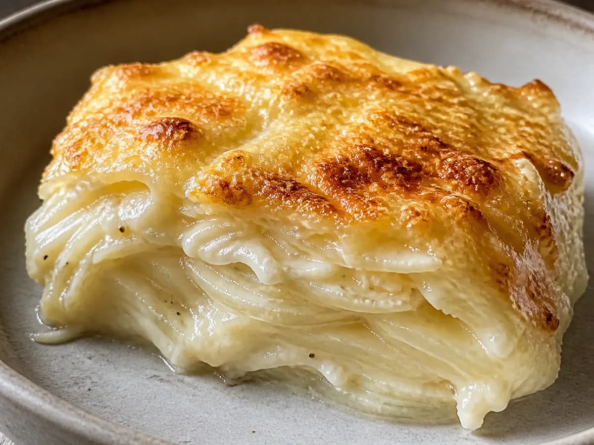 Pormenor de uma porção de Gratinado de Batata à Portuguesa