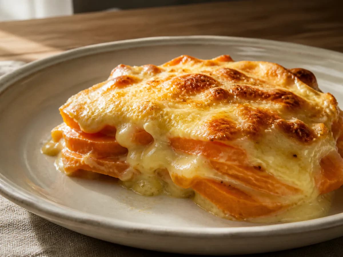 Pormenor de uma porção de Gratinado de Batata Doce com Queijo da Ilha