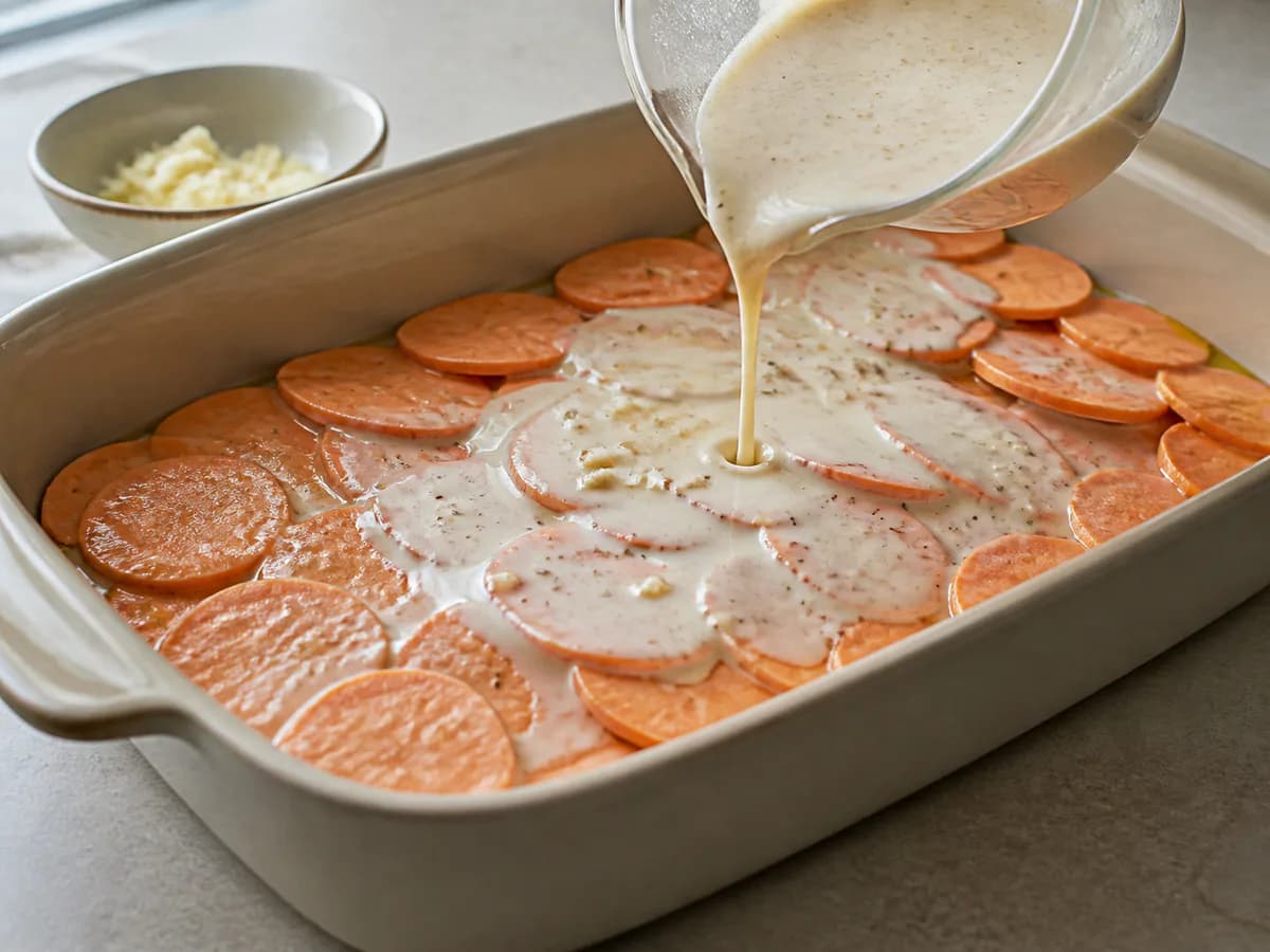 Preparação de Gratinado de Batata Doce com Queijo da Ilha durante a confeção