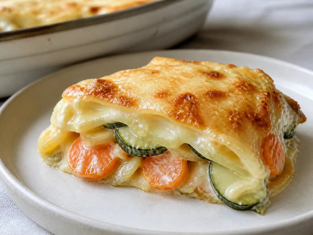 Pormenor de uma porção de Gratinado de Legumes Cremoso