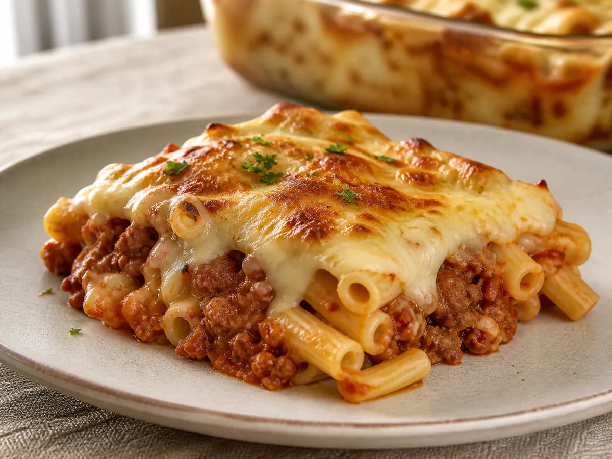 Pormenor de uma porção de Gratinado de Massa com Carne Picada à Portuguesa