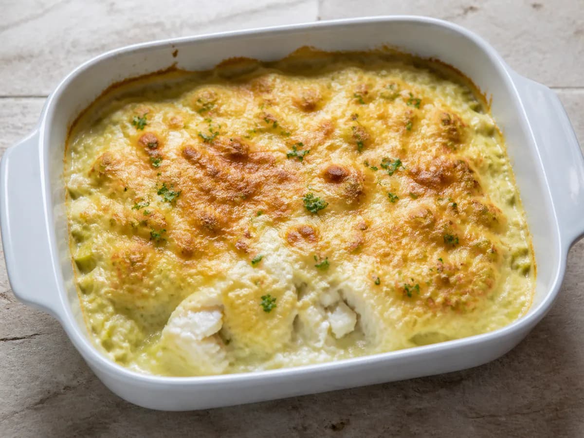 Gratinado de Pescada com Alho Francês