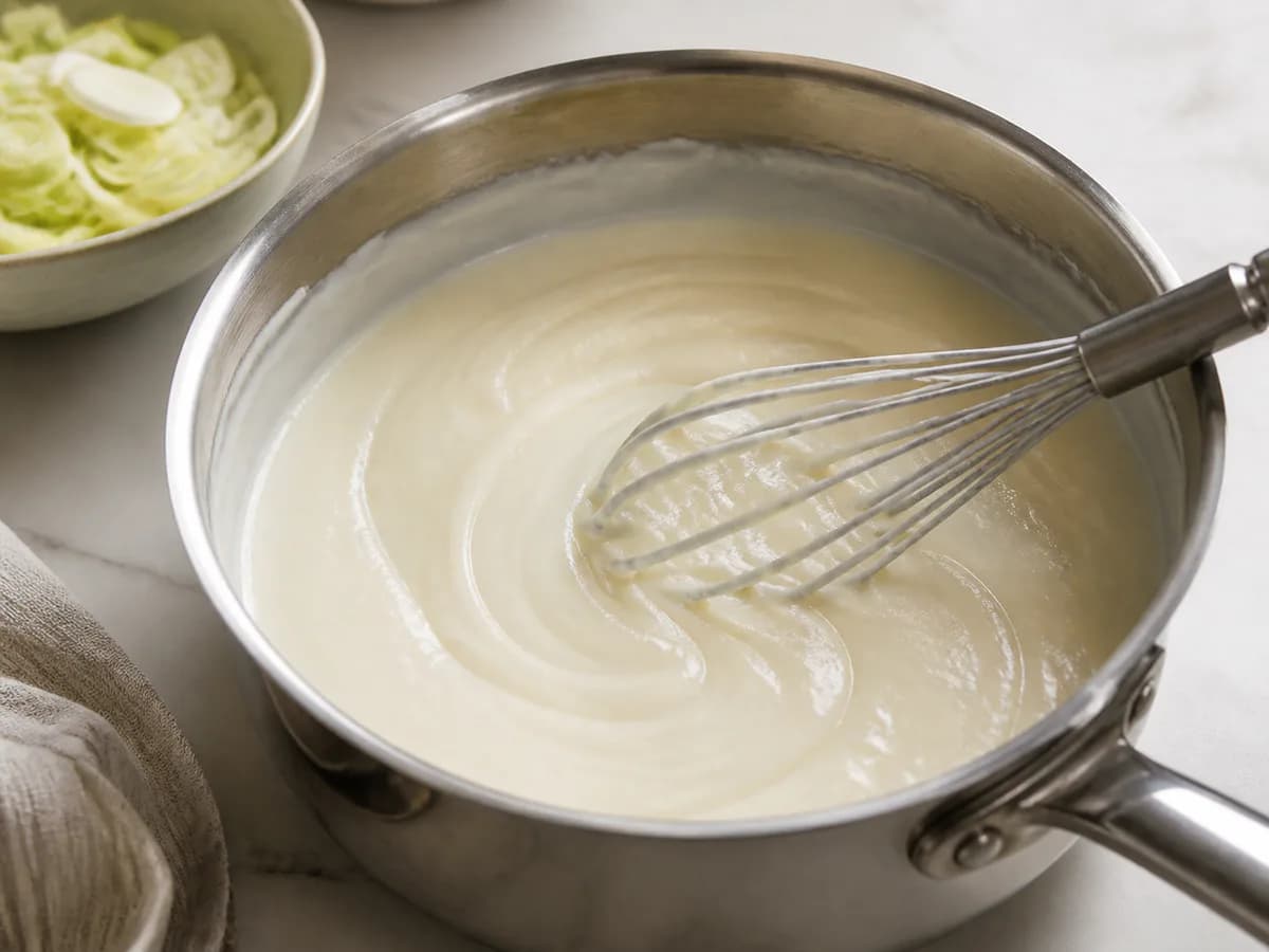 Preparação de Gratinado de Pescada com Alho Francês durante a confeção