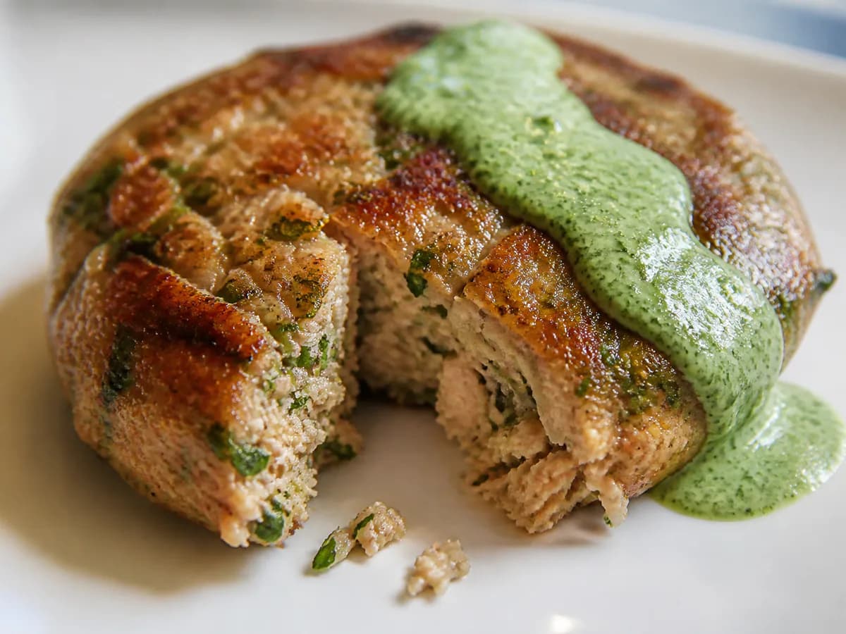 Pormenor de uma porção de Hambúrgueres de Atum Fresco com Molho de Coentros