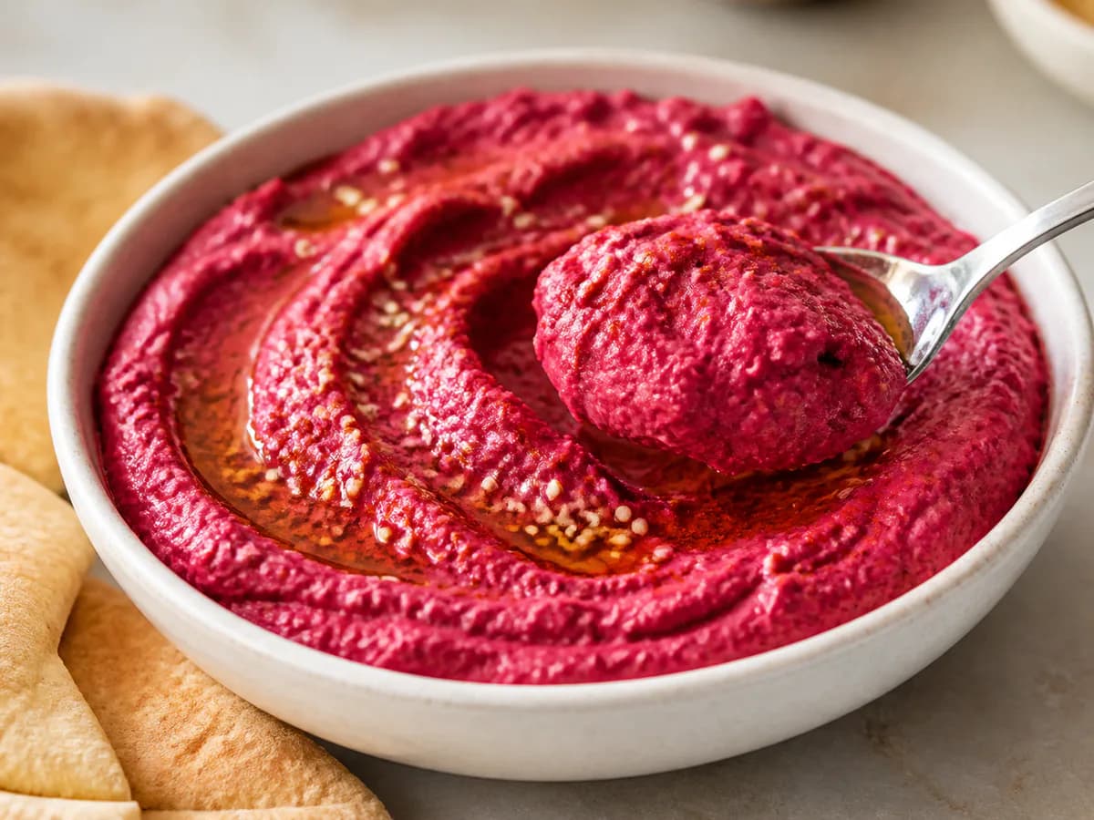 Pormenor de uma porção de Hummus de Beterraba Assada