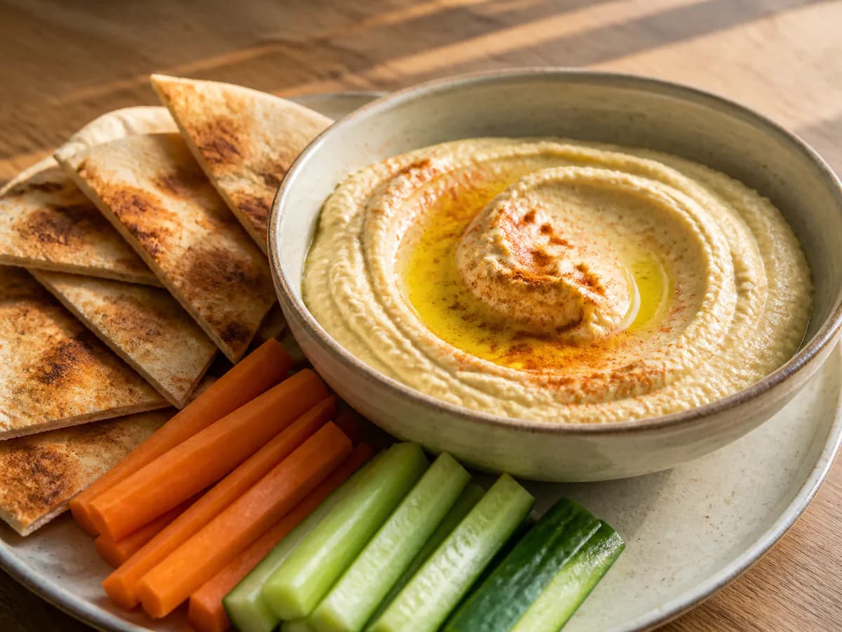 Pormenor de uma porção de Hummus Rápido e Fácil de Grão-de-bico