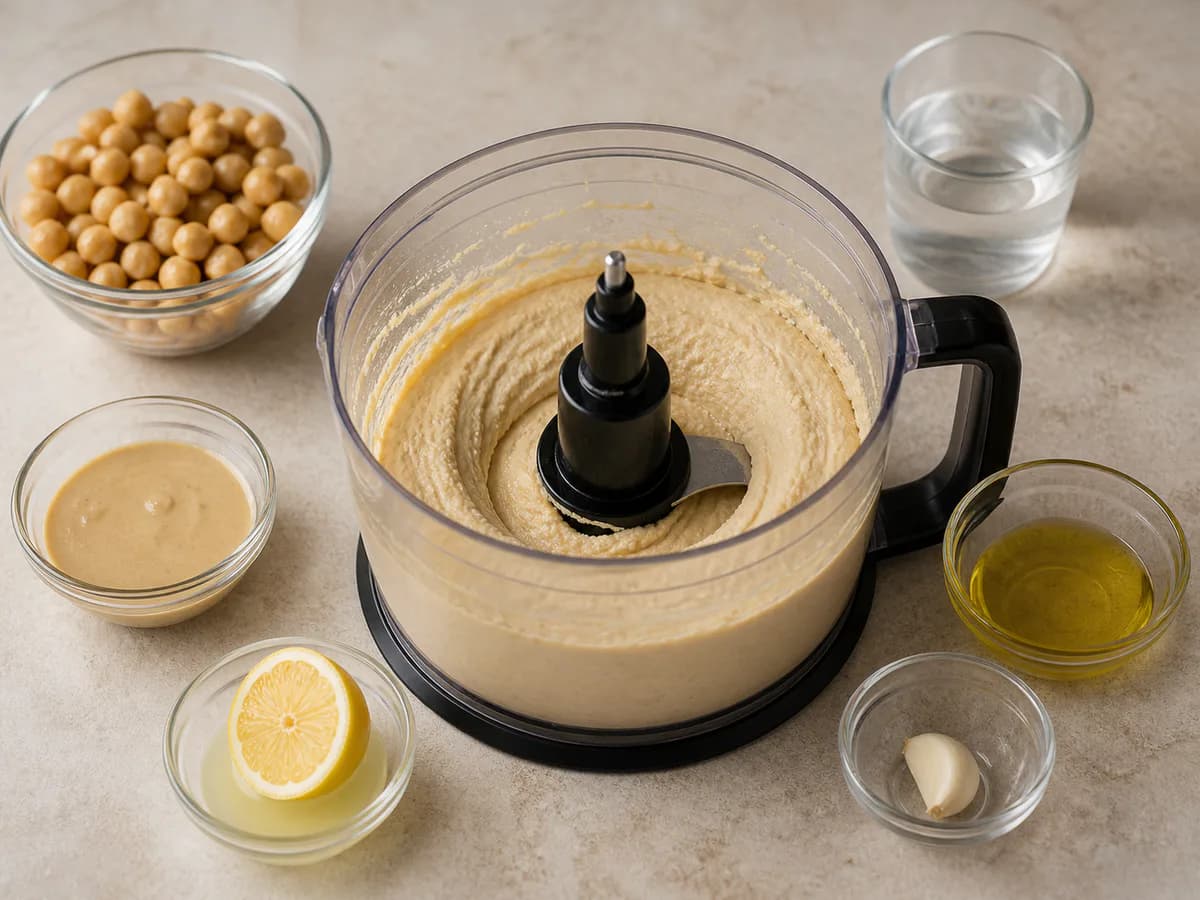 Preparação de Hummus Rápido e Fácil de Grão-de-bico durante a confeção