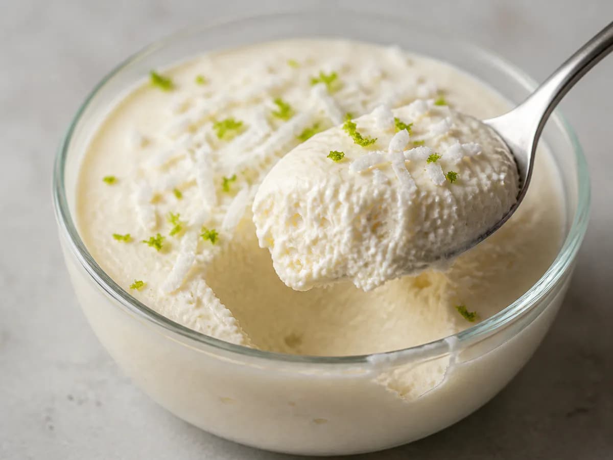 Pormenor de uma porção de Iogurte de Chocolate Branco e Coco Cremoso