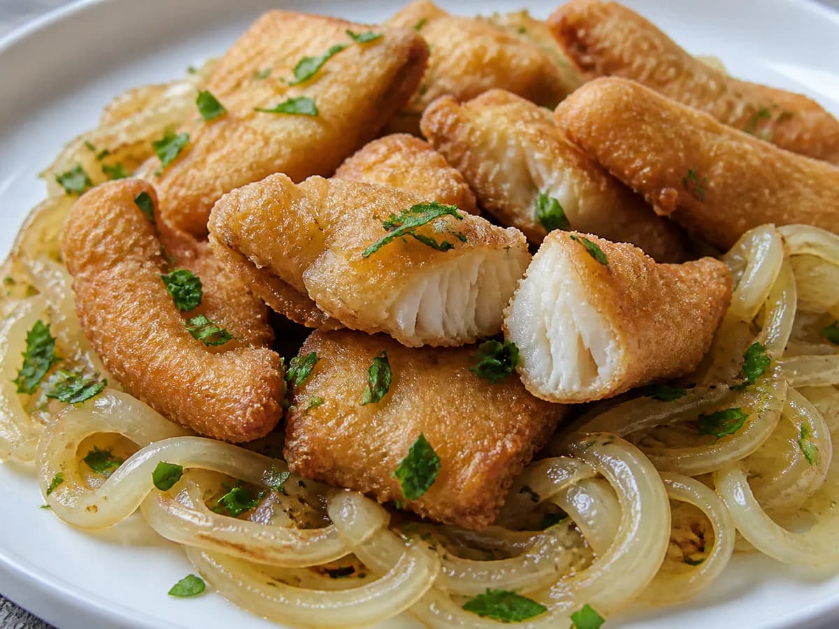 Pormenor de uma porção de Iscas de Bacalhau Fritas com Cebolada