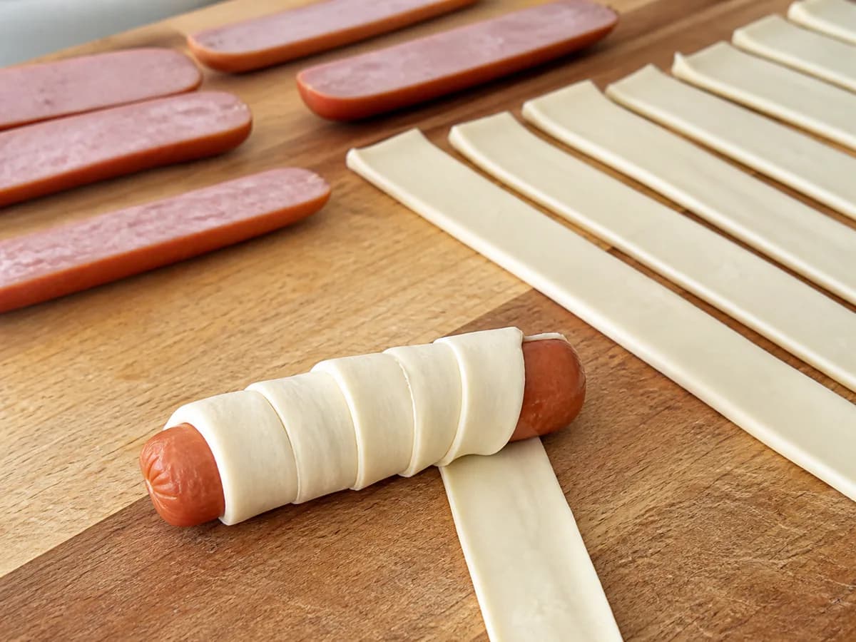 Preparação de Lagartas de Salsicha à Portuguesa durante a confeção