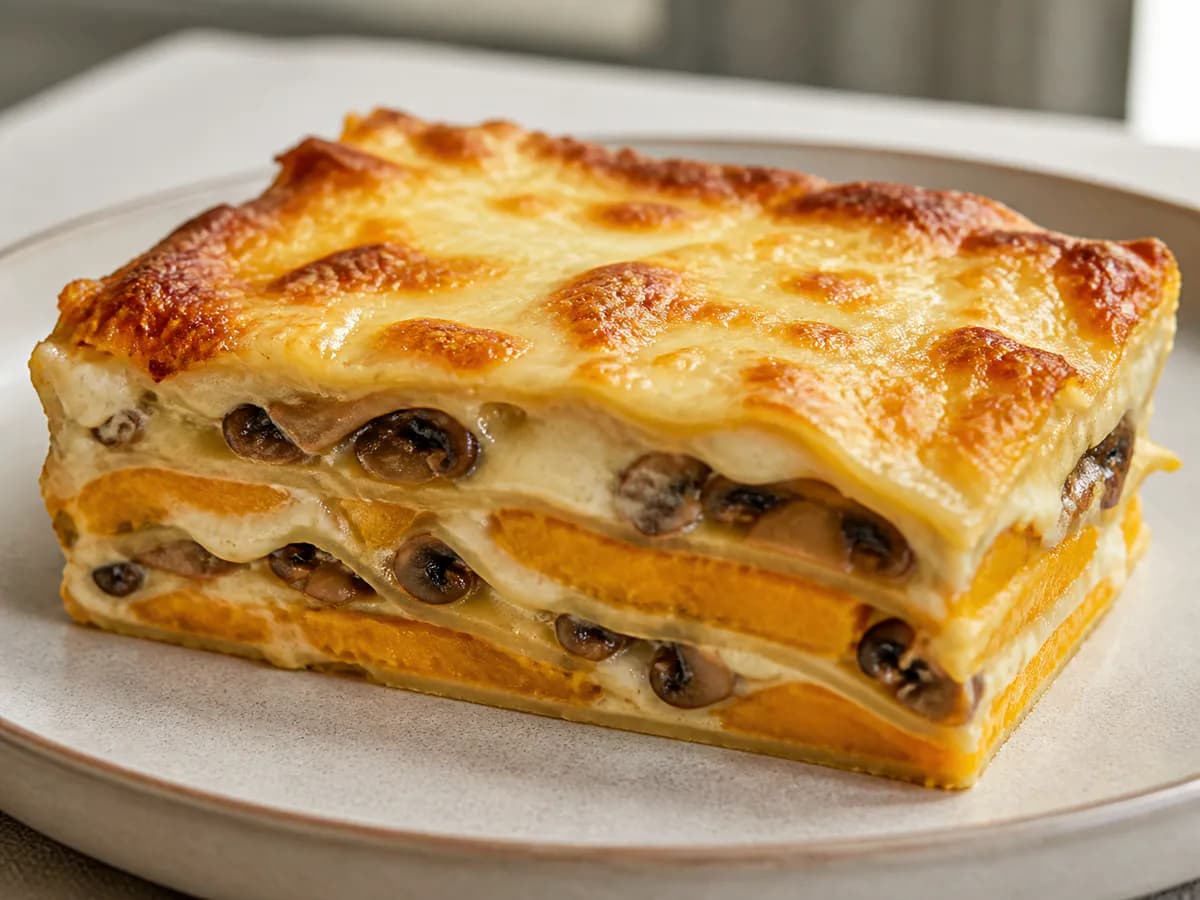 Pormenor de uma porção de Lasanha Cremosa de Abóbora e Cogumelos
