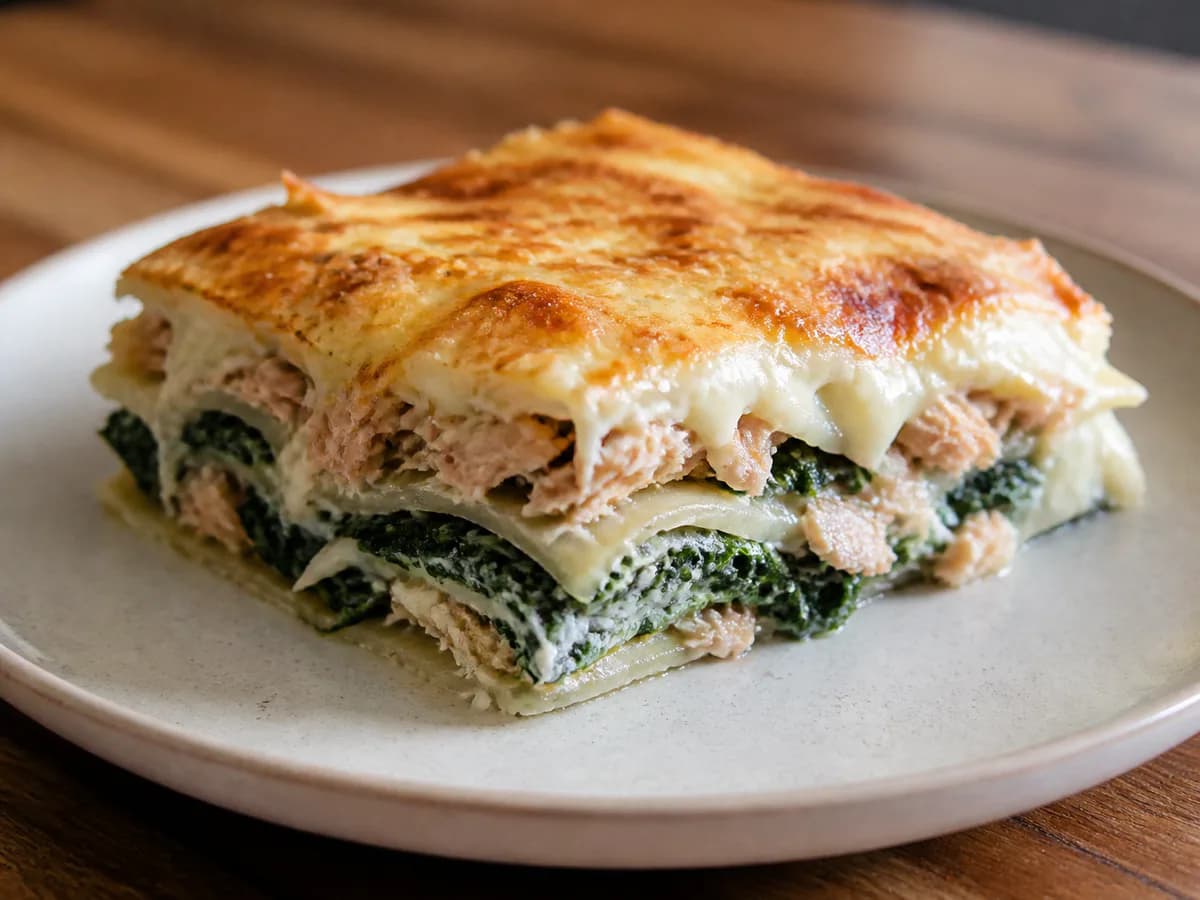 Pormenor de uma porção de Lasanha de Atum com Espinafres e Bechamel