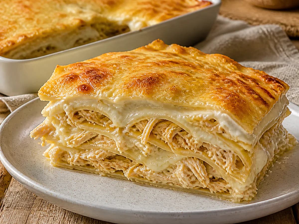 Pormenor de uma porção de Lasanha Cremosa de Frango