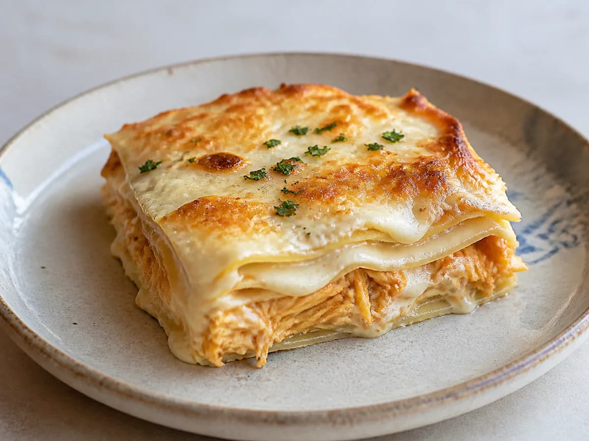 Pormenor de uma porção de Lasanha de Frango com Bechamel Cremoso