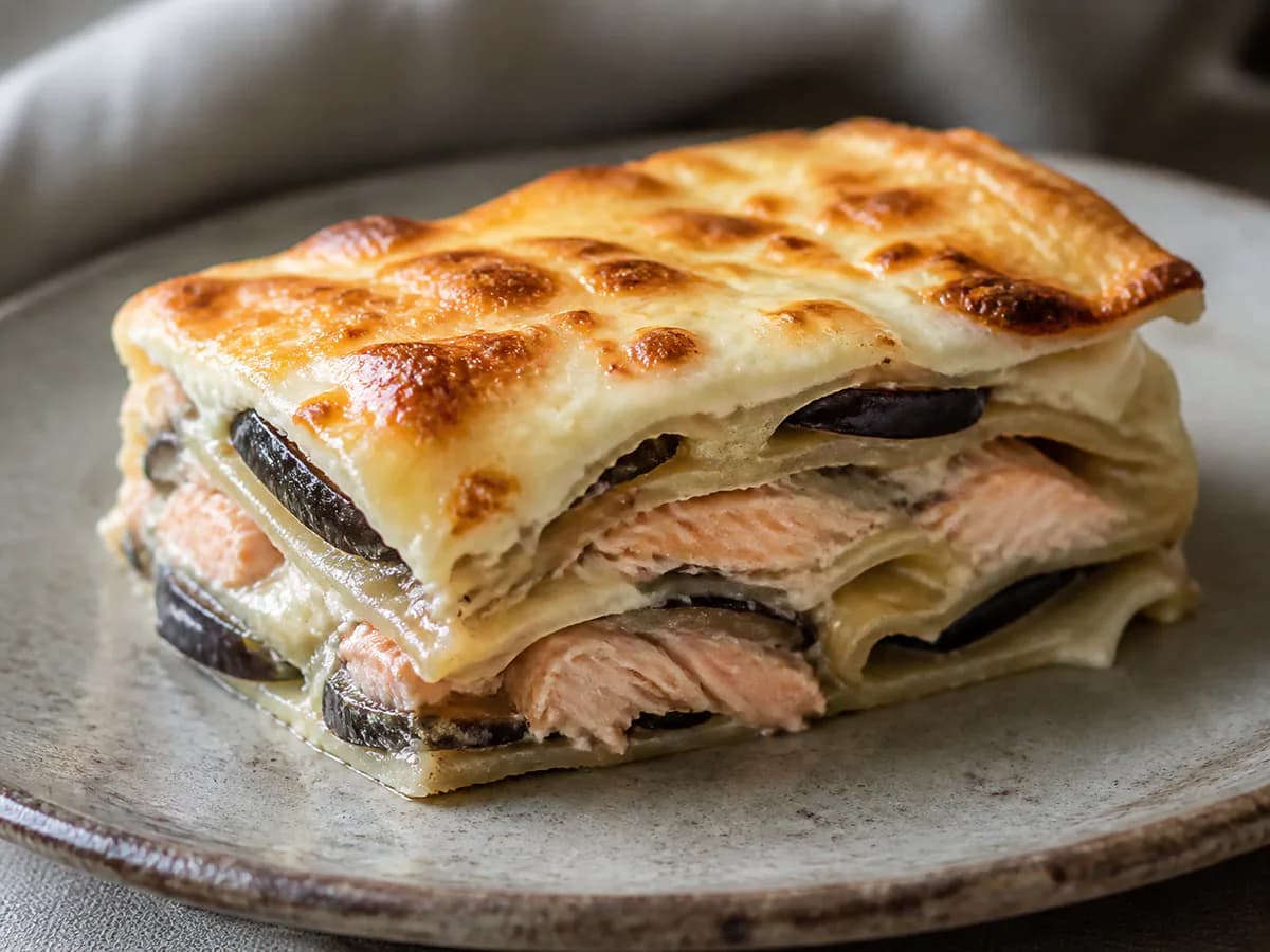 Pormenor de uma porção de Lasanha de Salmão e Beringelas