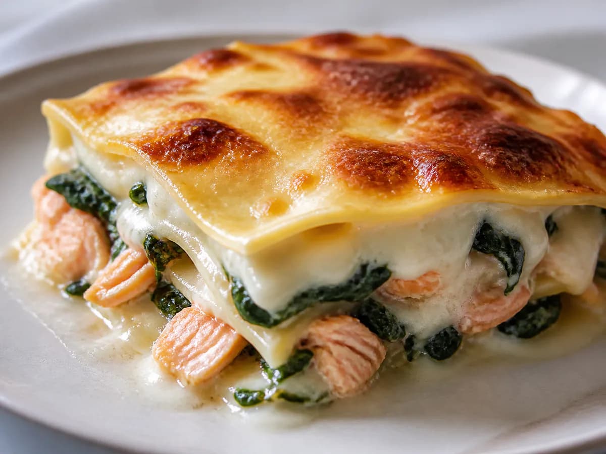Pormenor de uma porção de Lasanha de Salmão e Espinafres
