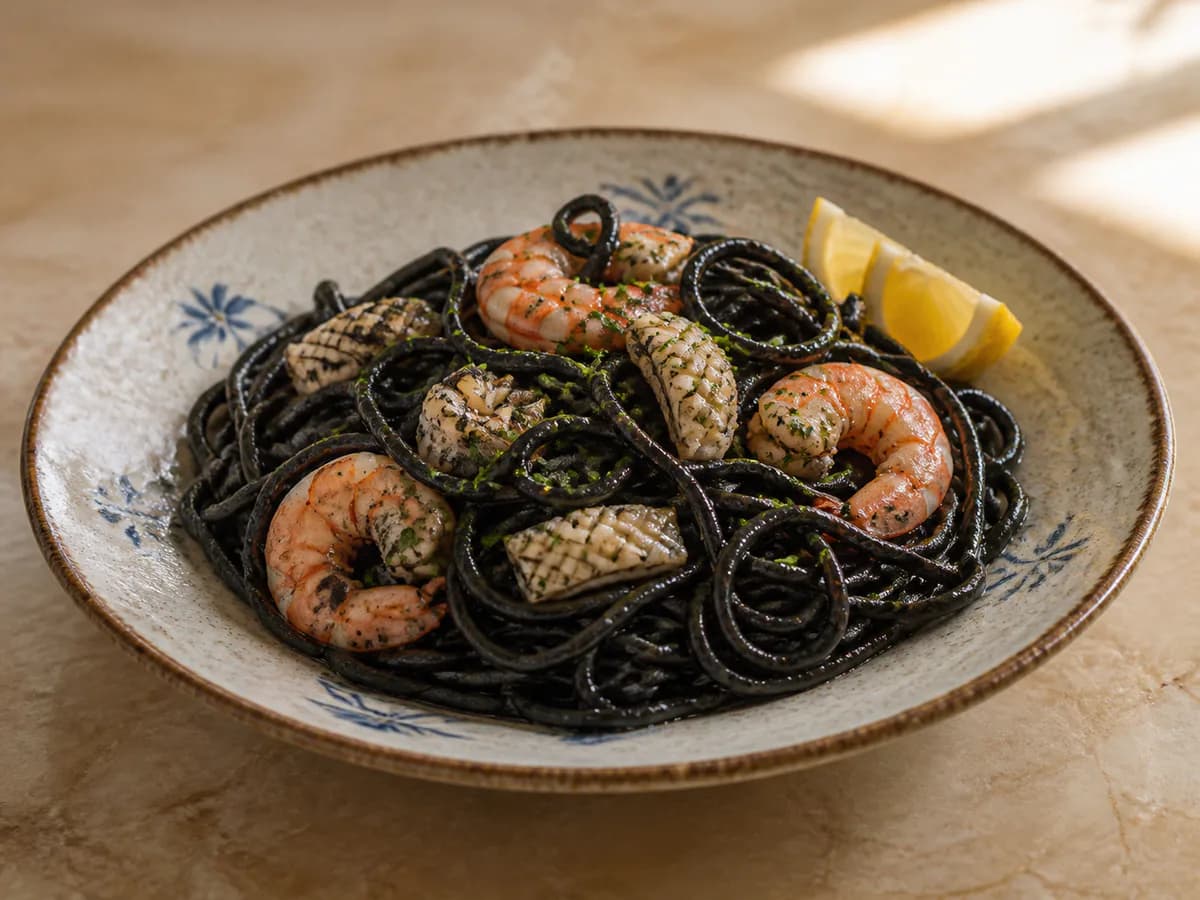 Linguini com Tinta deChoco e Gambas Frescas