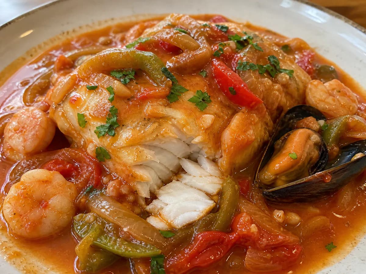 Pormenor de uma porção de Lombos de Pescada à Marinheiro