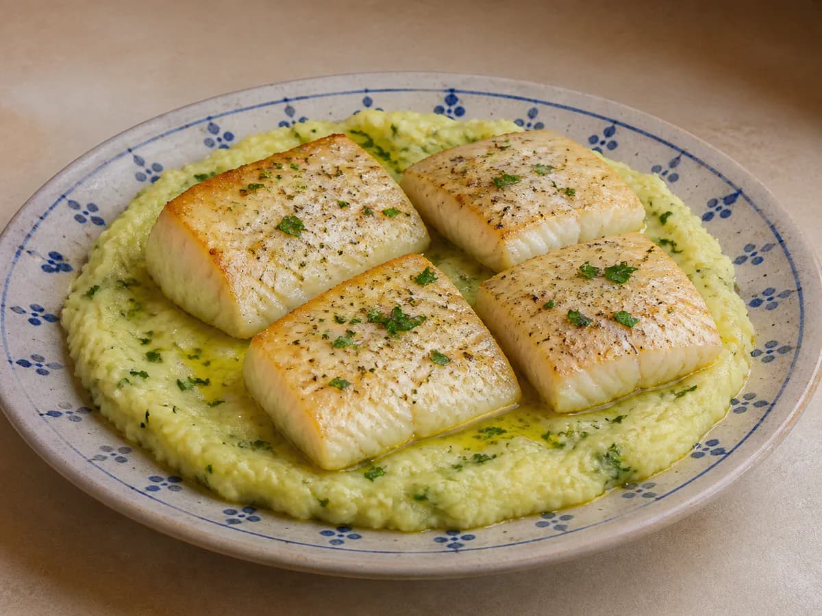 Pormenor de uma porção de Lombos de Pescada com Puré de Batata Aromatizado com Coentros