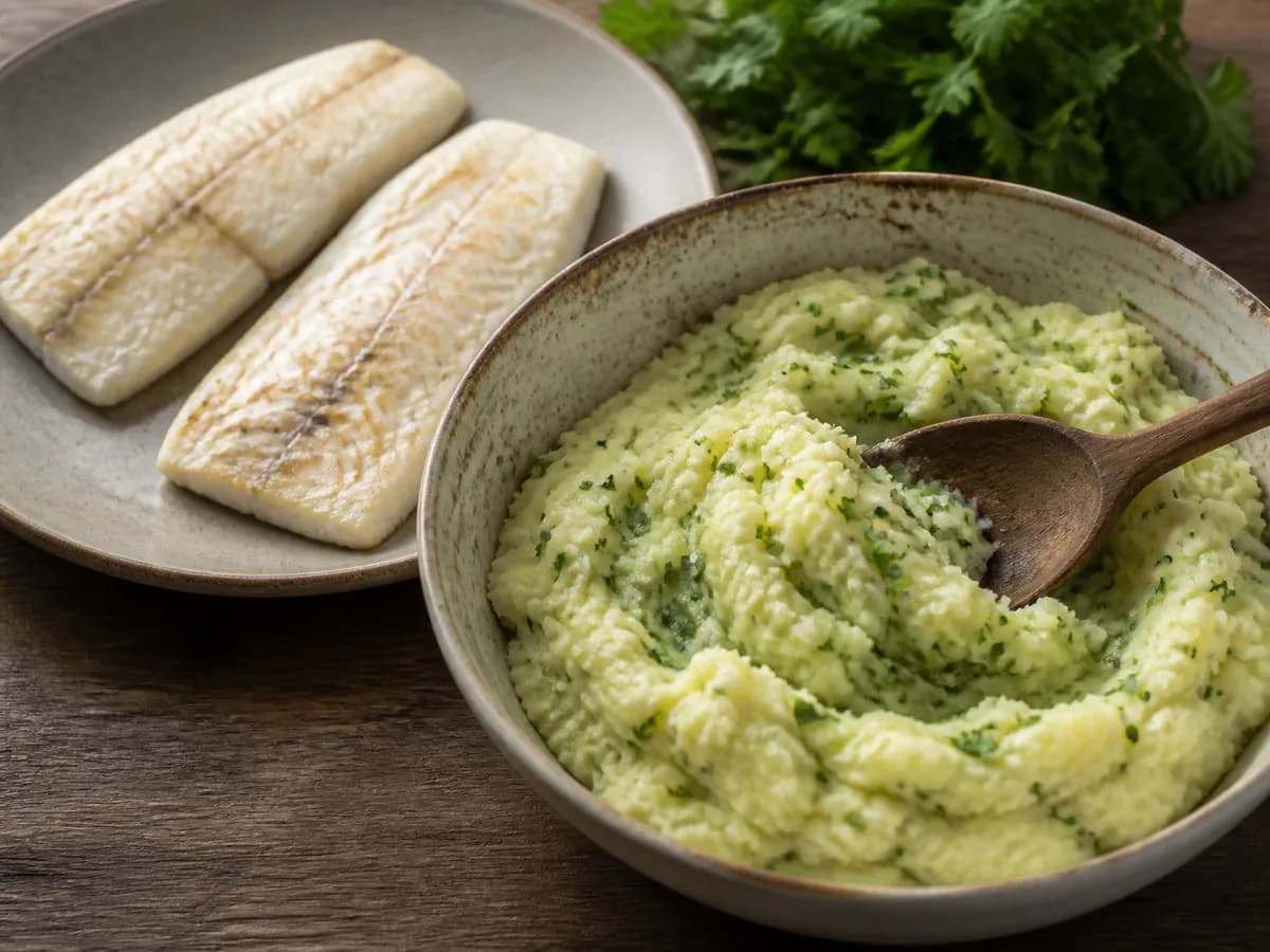 Preparação de Lombos de Pescada com Puré de Batata Aromatizado com Coentros durante a confeção