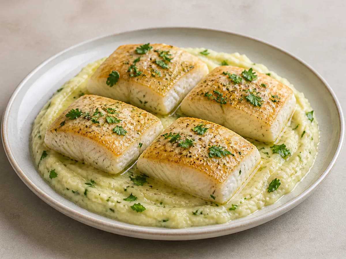 Lombos de Pescada com Puré de Batata Aromatizado com Coentros