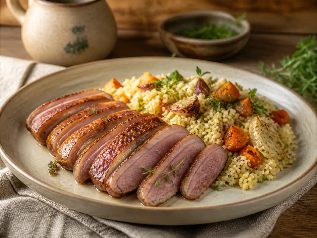 Magret de Pato Crocante com Couscous de Ervas e Citrinos