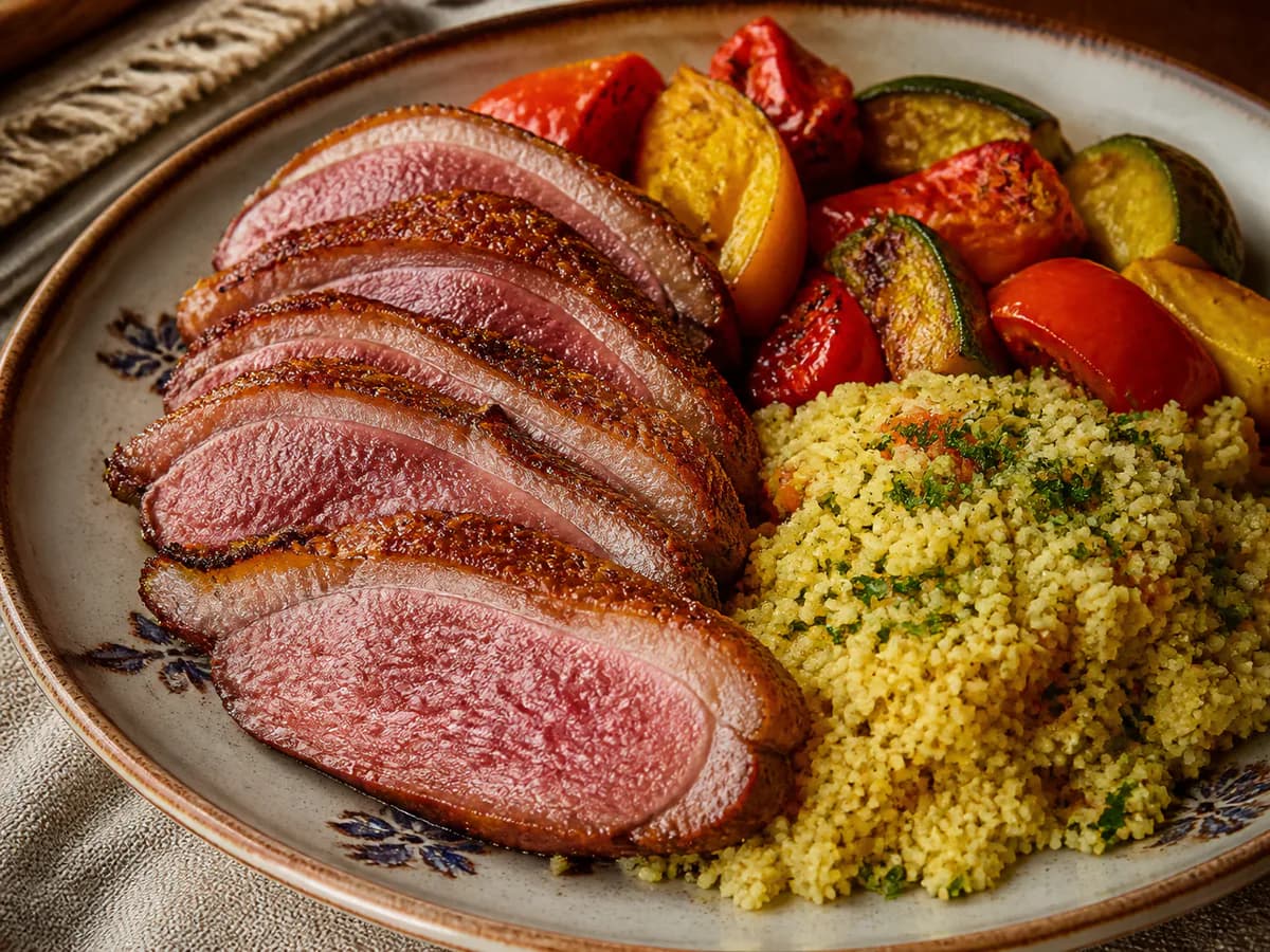 Pormenor de uma porção de Magret de Pato Crocante com Couscous de Ervas e Citrinos