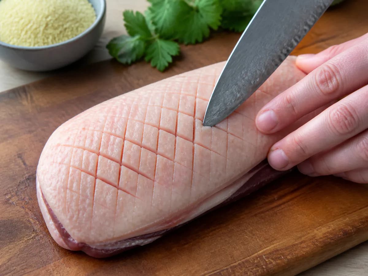Preparação de Magret de Pato Crocante com Couscous de Ervas e Citrinos durante a confeção