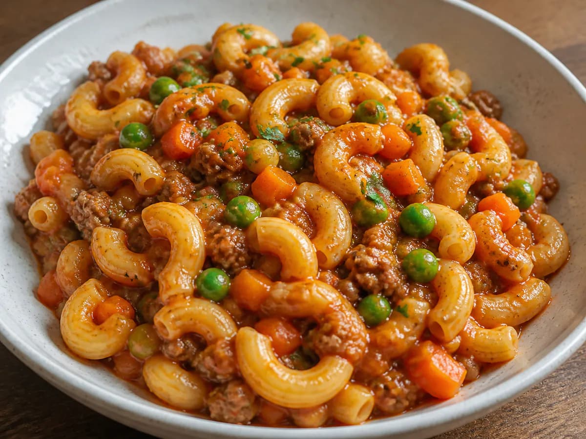 Pormenor de uma porção de Massa de Carne com Ervilhas e Cenoura