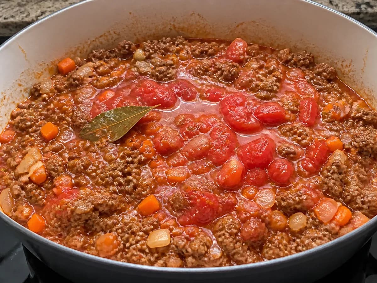 Preparação de Massa de Carne com Ervilhas e Cenoura durante a confeção