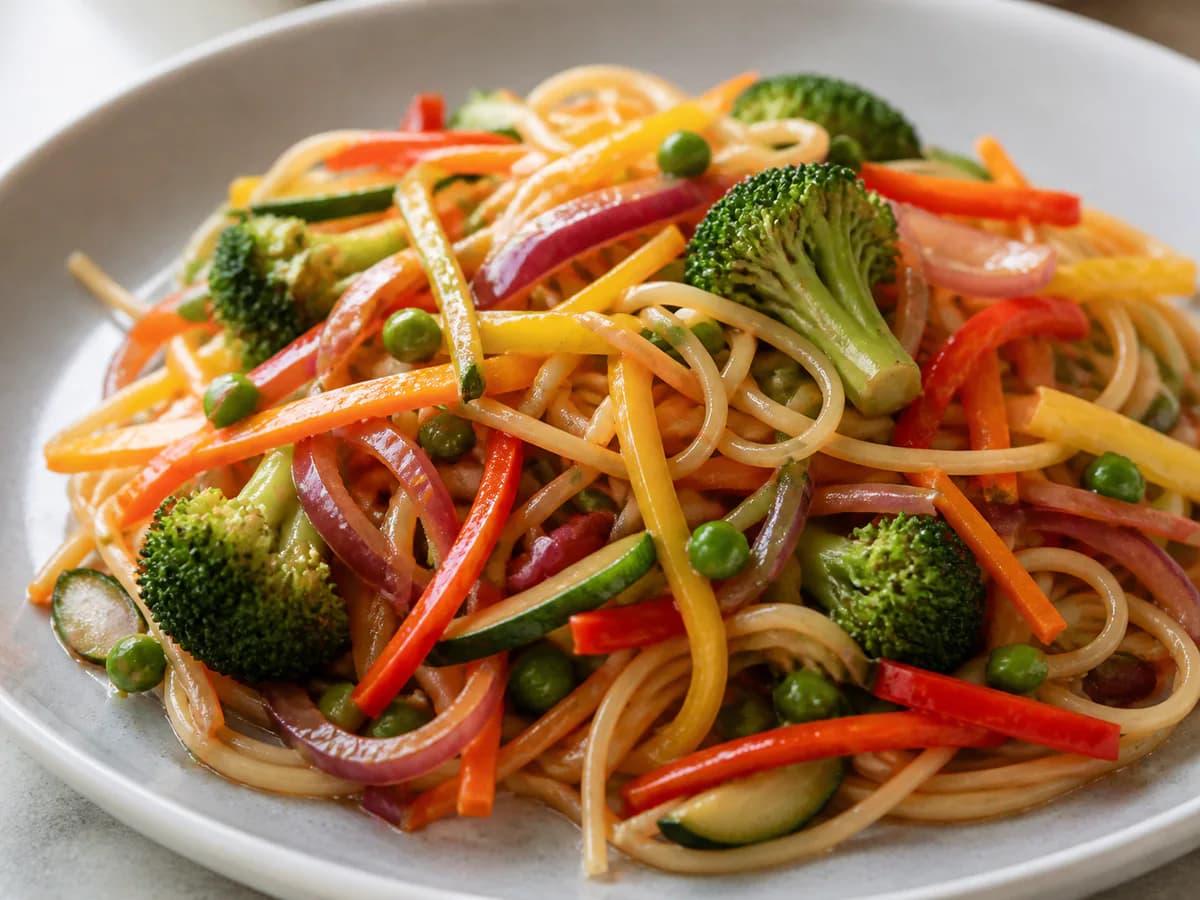 Pormenor de uma porção de Massa de Vegetais na Wok