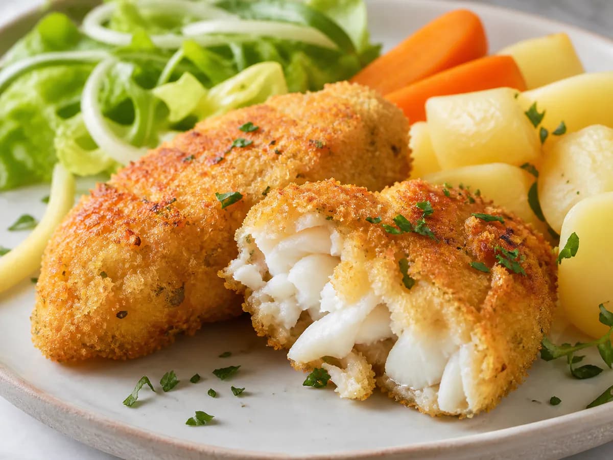 Pormenor de uma porção de Medalhões de Pescada com Broa