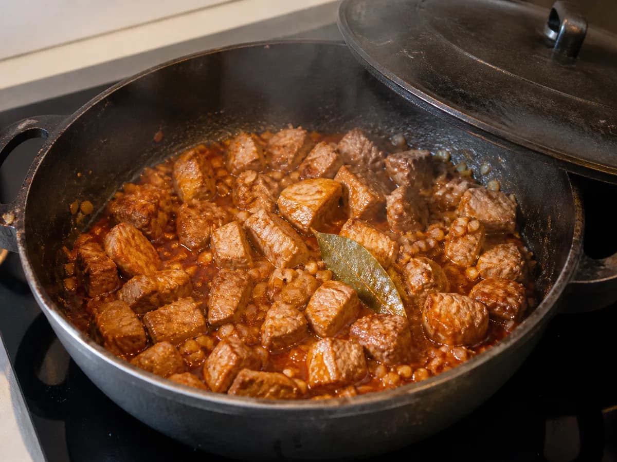 Preparação de Migas com Carne de Porco à Alentejana durante a confeção