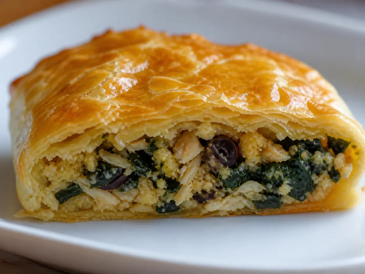 Pormenor de uma porção de Migas de Bacalhau com Espinafres Escondidas em Massa Folhada