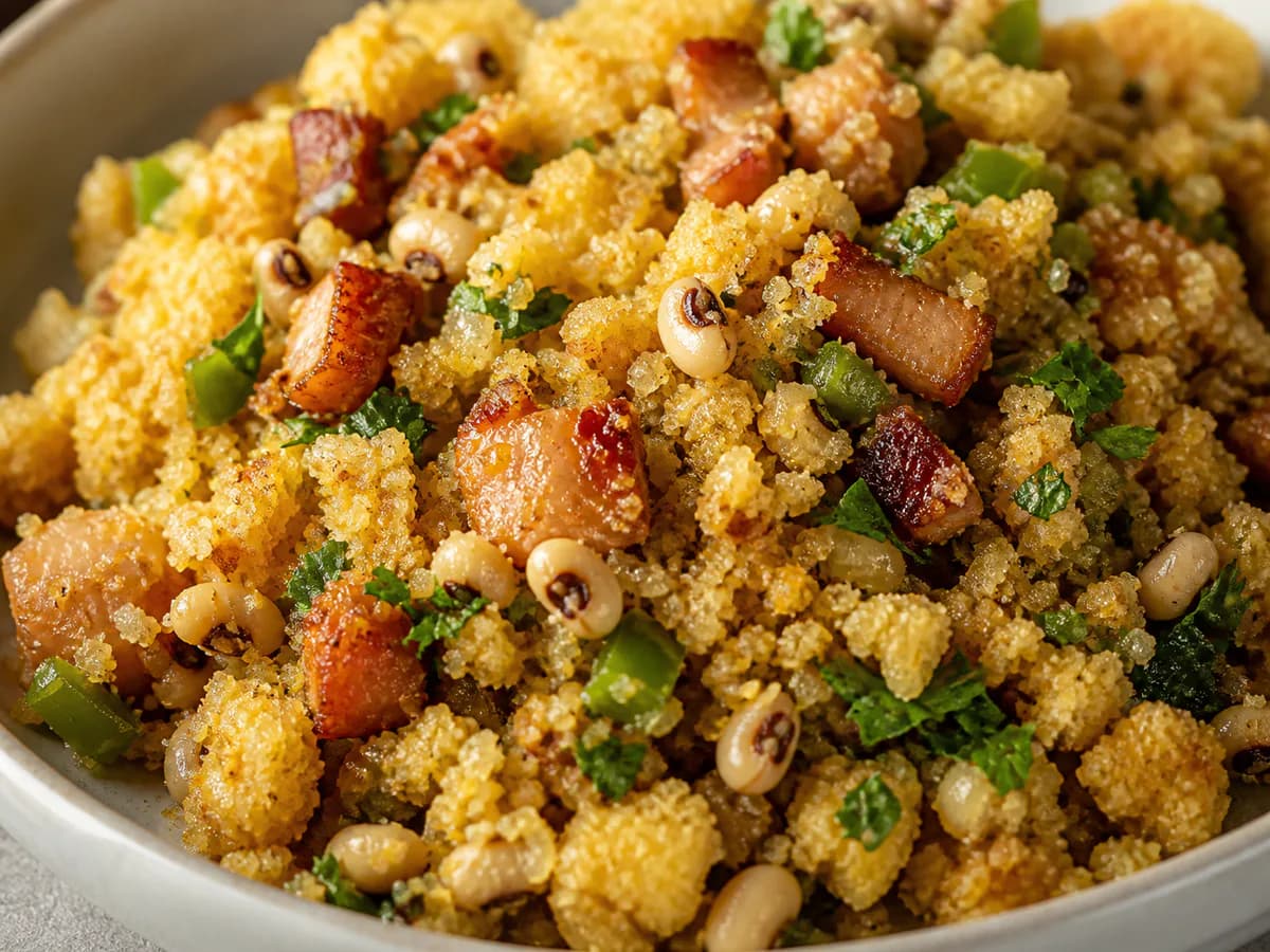 Pormenor de uma porção de Migas de Broa de Milho e de Feijão Frade