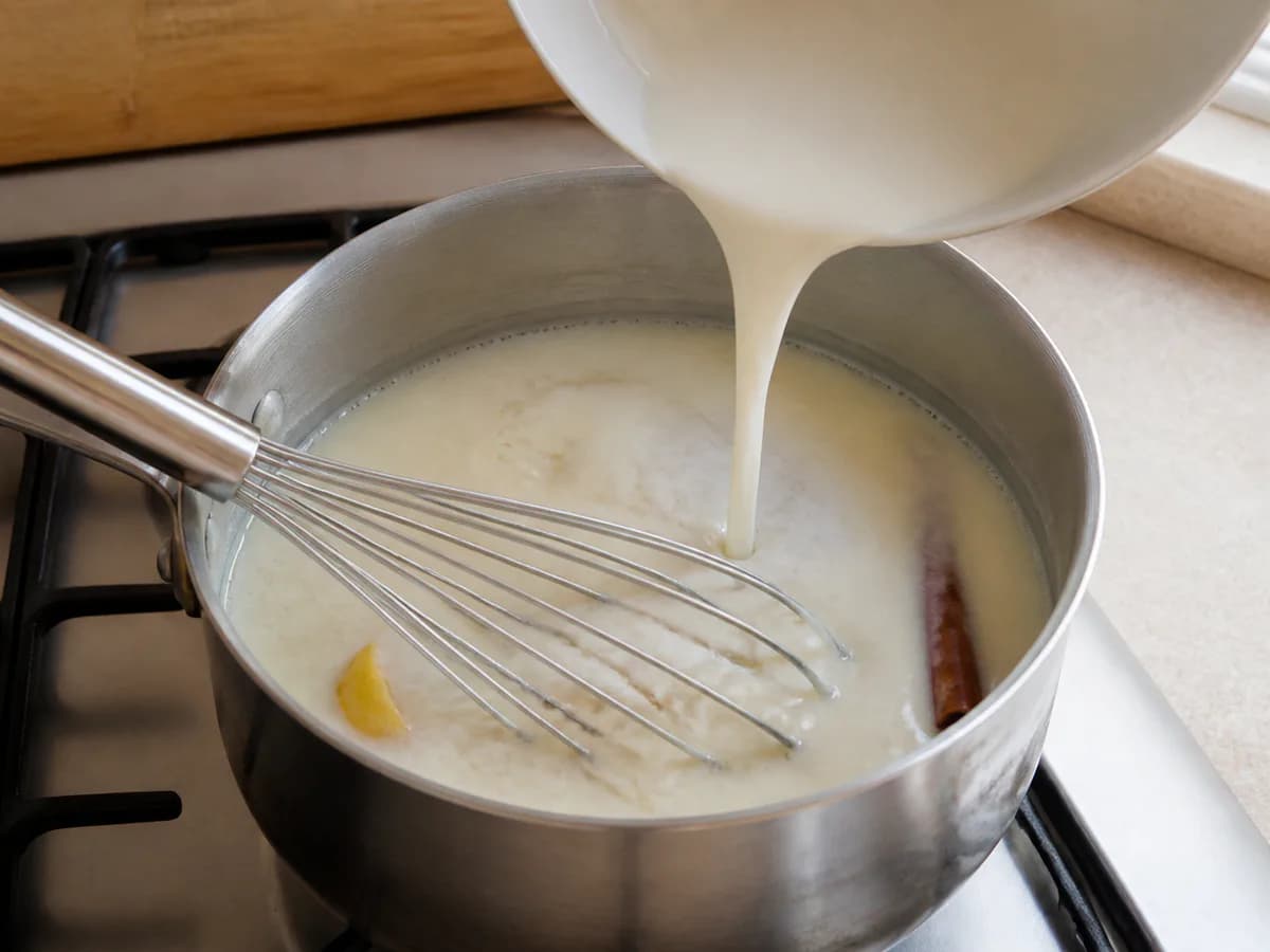 Preparação de Papas de Milho Cremosas (Mingau de Maizena) durante a confeção